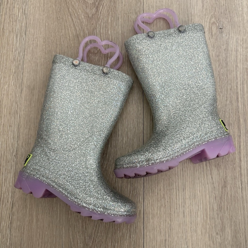 Western Chief Toddler Girls Light Up Rain Boots Size 6 Silver Glitter Waterproof